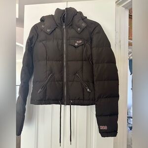 Hollister Brown Puffer Jacket with Hood and Quilted Design